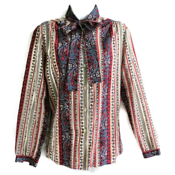 Vintage Secretary Blouse Striped Paisley Tie Neck - Picture 2 of 8